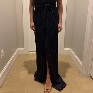 Dark navy dress, center slit, tie waist,